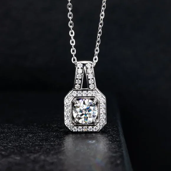 Certified 2ct. t.w. Moissanite Diamond Square Halo Pendant Necklace NEW - Picture 6 of 15